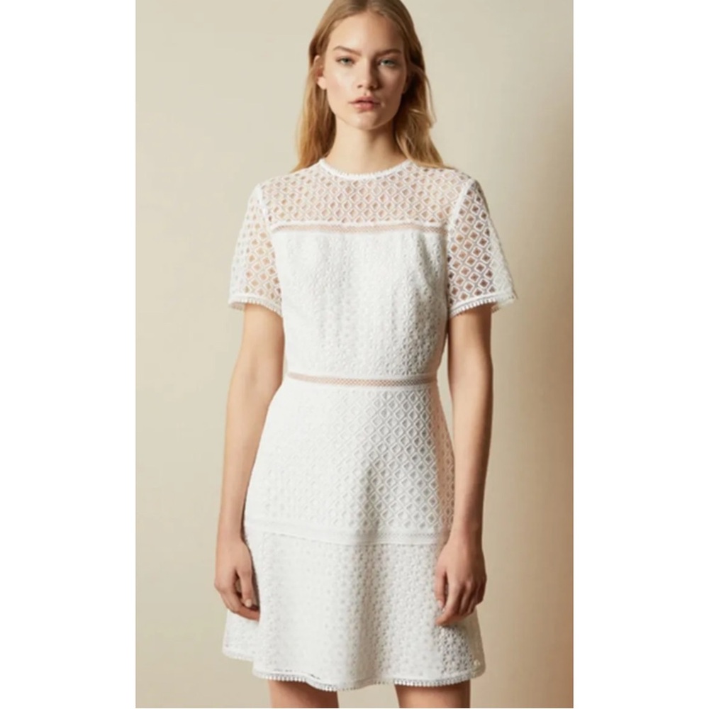 TED BAKER | $349 Allara Short-sleeve Lace Mini Dress In Ivory, Size 3 (US 8)